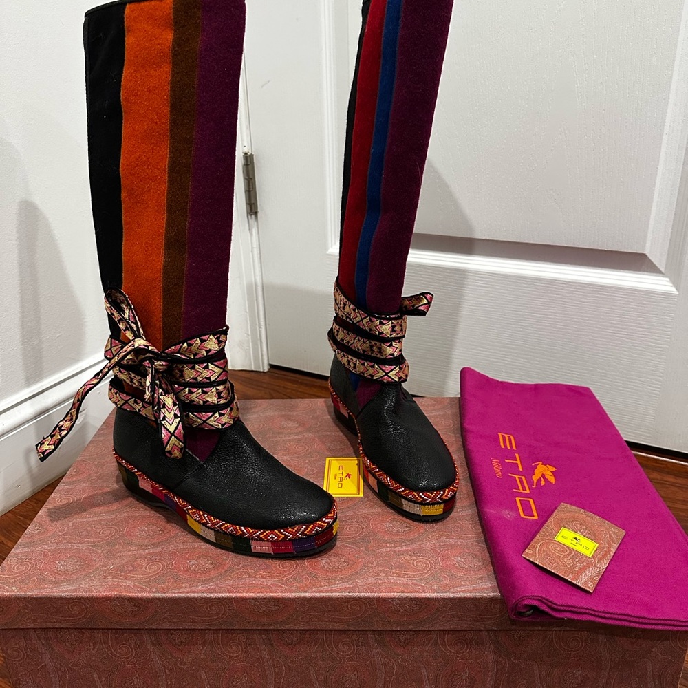 Etro Milano Multicolor Striped Wool Panel Knee High Boots, Size 6 (US), 36 (EU)